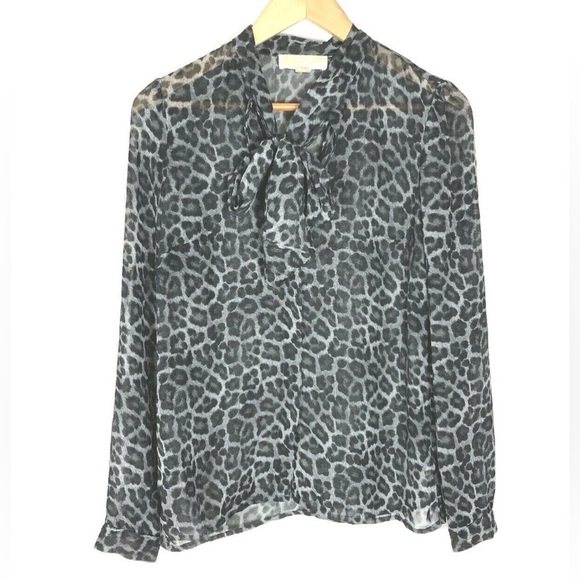 MICHAEL Michael Kors Tops - Michael Kors Gunmetal Cheetah Print Sheer Tie Neck Blouse Size Large Womens